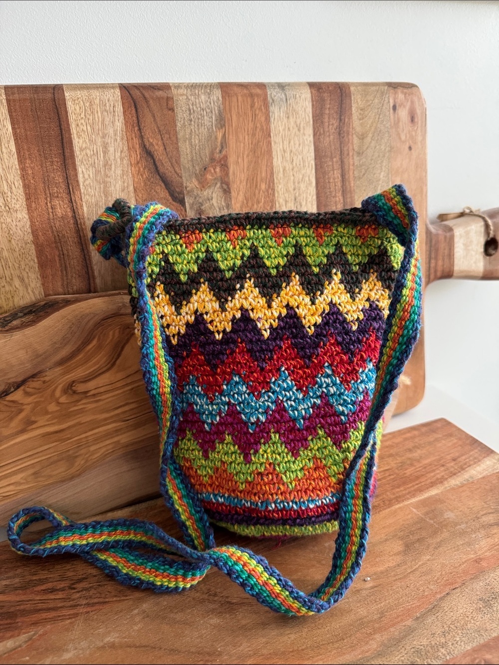 Handcrafted Multicolor Ethnic Artisan Made Zigzag Knit Crossbody Bag